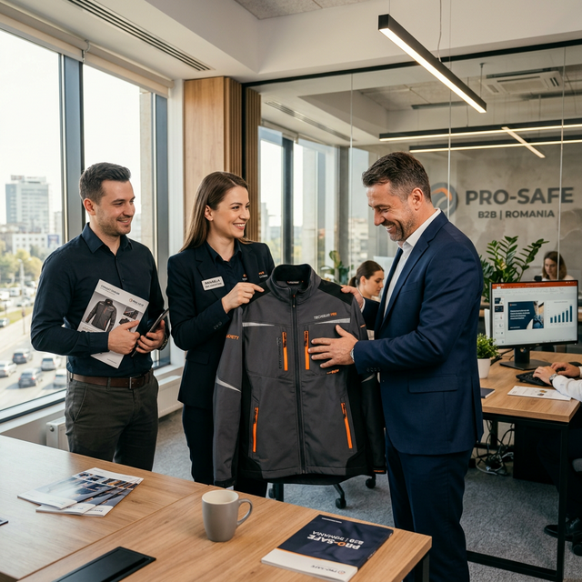 Agenți de vânzări prezentând echipamente de protecție premium B2B unui client manager