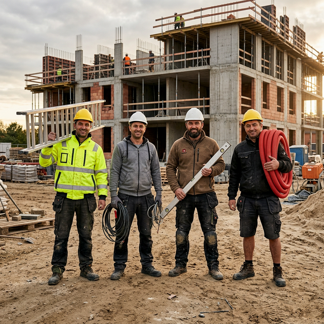 Echipă muncitori construcții folosind echipamente de protecție premium