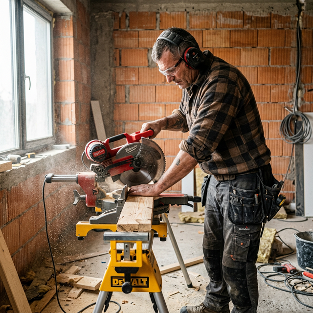 Muncitor lucrând cu ferăstrău circular, purtând haine de lucru pentru siguranță maximă